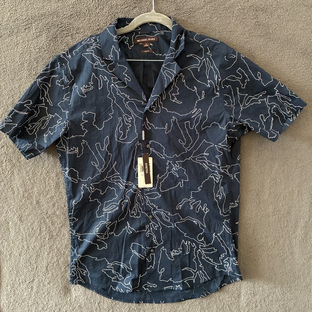 Michael Kors Navy Blue Stretch Slim Fit Short Sleeve Button Down Shirt Mens Sz M